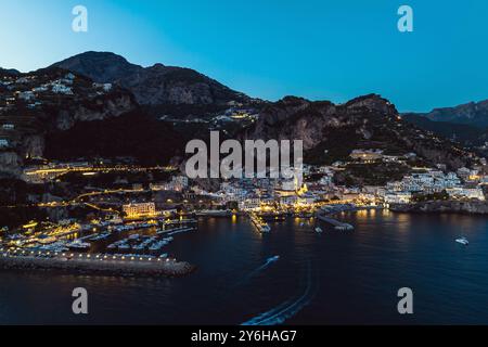 AmAmalfi at night from a drone, Salerno, Campania, Italy Stock Photo