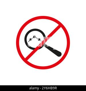 No analytics icon. Prohibited magnifying glass. Red forbidden circle. Data analysis symbol. Stock Vector