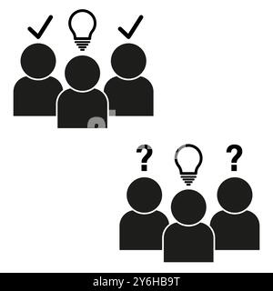 Idea generation icon. Teamwork solution symbol. Group question marks. Vector decision graphic. Stock Vector