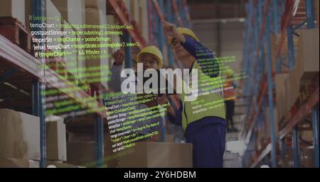 Image of data processing over diverse male workers in warehouse Stock Photo