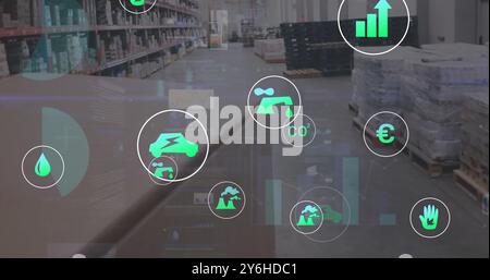 Image of ecology icons and data processing over warehouse Stock Photo