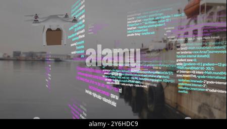 Image of data processing and drone with box over port Stock Photo