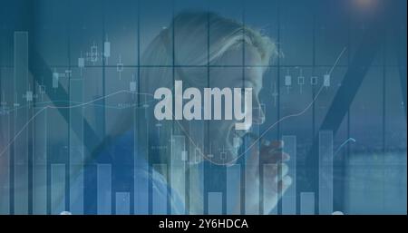 Image of diagrams over caucasian businesswoman using phone headset Stock Photo