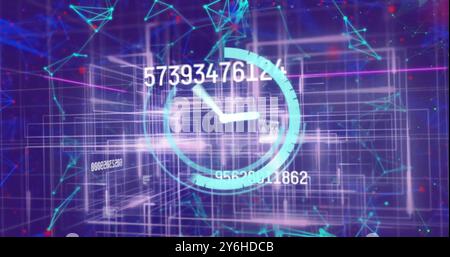 Image of clock ticking and data processing over glowing light trails Stock Photo