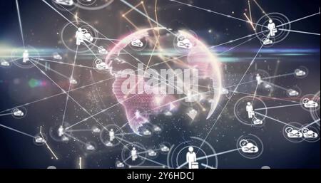 Image of network of connections with icons over globe Stock Photo