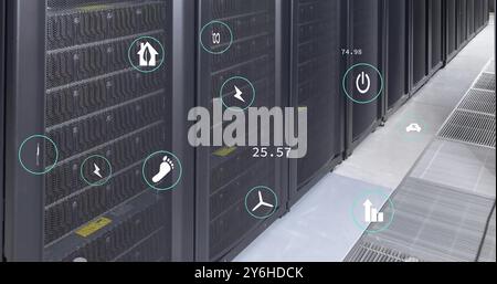 Image of ecology icons and data processing over server room Stock Photo