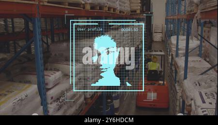 Image of data processing with portraits over worker using lift truck in warehouse Stock Photo