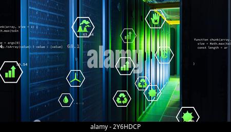 Image of ecology icons and data processing over server room Stock Photo