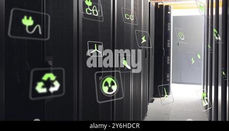 Image of ecology icons over server room Stock Photo