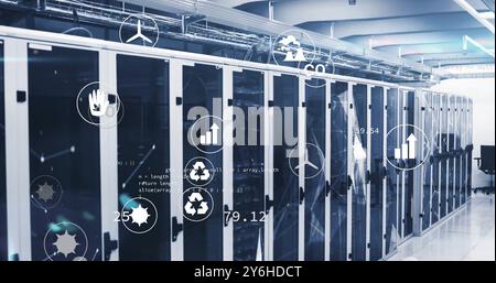 Image of ecology icons and data processing over server room Stock Photo