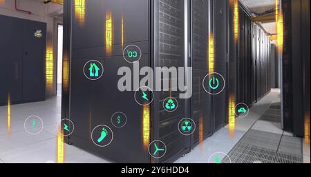 Image of ecology icons and data processing over server room Stock Photo