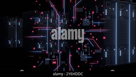 Image of circuit board and digital data processing over computer servers Stock Photo