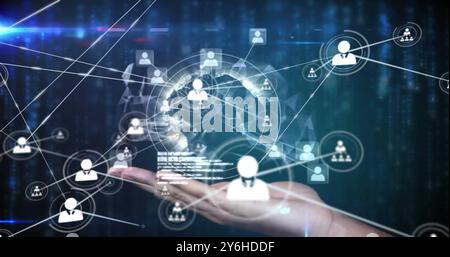 Image of network of connections with people icons over globe and hand Stock Photo