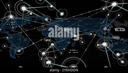 Image of network of connections with spots over world map Stock Photo