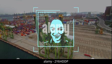 Image of data processing with portraits over container port Stock Photo