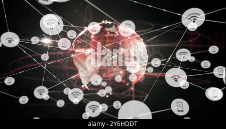 Image of network of connections with icons over globe Stock Photo