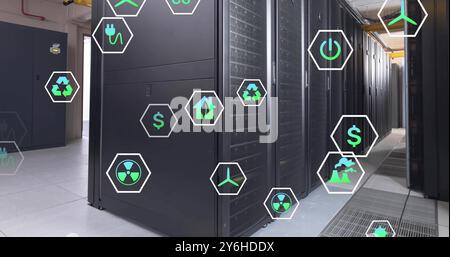 Image of ecology icons over server room Stock Photo