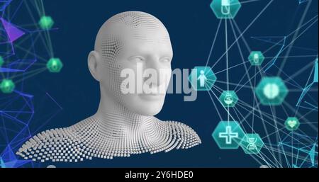 Image of network of connections with icons over human bust Stock Photo