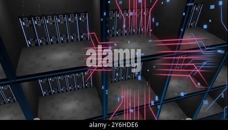 Image of circuit board and digital data processing over computer servers Stock Photo