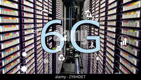 Image of ecology icons and data processing with 6g text over server room Stock Photo