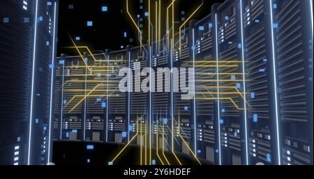 Image of circuit board and digital data processing over computer servers Stock Photo