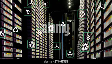 Image of ecology icons over server room Stock Photo