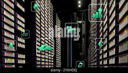 Image of ecology icons over server room Stock Photo