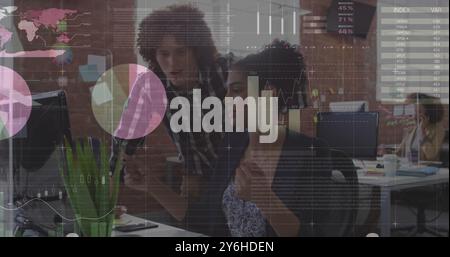 Image of financial data processing over diverse business people in office Stock Photo