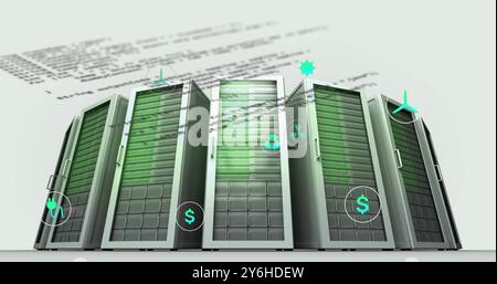 Image of ecology icons and data processing over server room Stock Photo