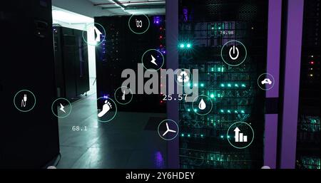 Image of ecology icons and data processing over server room Stock Photo