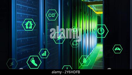 Image of ecology icons over server room Stock Photo