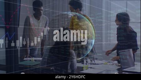 Image of financial data processing over diverse business people in office Stock Photo