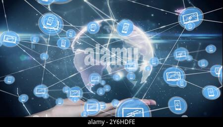 Image of network of connections with icons over globe Stock Photo