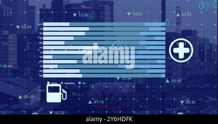 Image of data processing with icons over cityscape Stock Photo