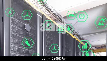 Image of ecology icons over server room Stock Photo