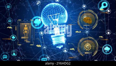Image of scanners processing data, light bulb and network of people icons on dark background Stock Photo