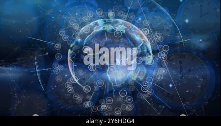Image of network of connections with icons over globe Stock Photo
