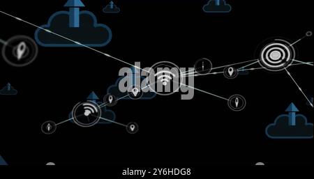 Image of network of connections with icons over clouds and arrows Stock Photo