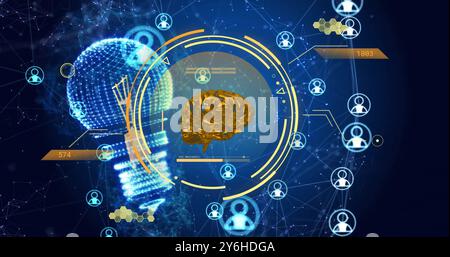 Image of brain and circular scanner over light bulb and network of people icons Stock Photo