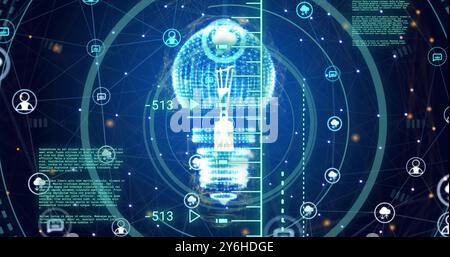 Image of scanner, processing data, light bulb and communication networks on dark background Stock Photo