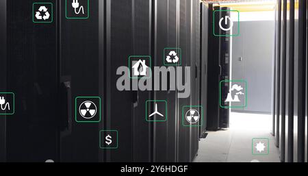 Image of ecology icons over server room Stock Photo