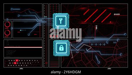 Image of circuit board, key and padlock icon and network of connections over black background Stock Photo