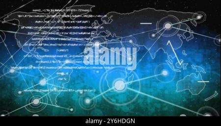 Image of network of connections with spots over world map Stock Photo