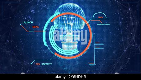 Image of circular scanner processing energy data over light bulb and network Stock Photo