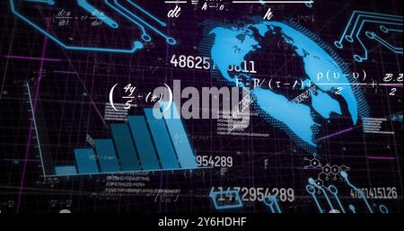 Image of mathematical equations, globe and data processing on black background Stock Photo
