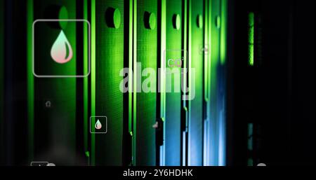 Image of ecology icons over server room Stock Photo