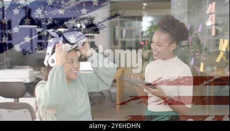 Using VR headset, woman interacting with colleague over American flag image Stock Photo