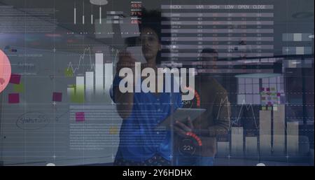 Image of financial data processing over diverse business people in office Stock Photo