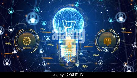 Image of scanners processing data, light bulb and network of people icons on dark background Stock Photo