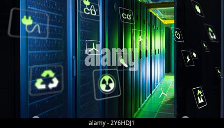 Image of ecology icons over server room Stock Photo